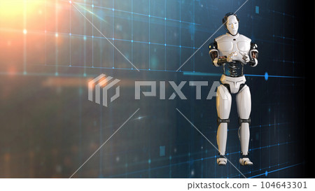 Futuristic world robots are running. Presentation of technology with robots. 3d rendering action of robot. Futuristic world robots are running. Presentation of technology with robots. 3d rendering action of robot. 104643301