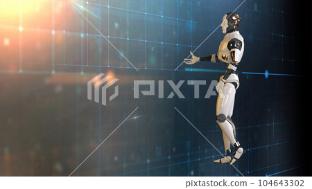 Futuristic world robots are running. Presentation of technology with robots. 3d rendering action of robot. Futuristic world robots are running. Presentation of technology with robots. 3d rendering action of robot. 104643302