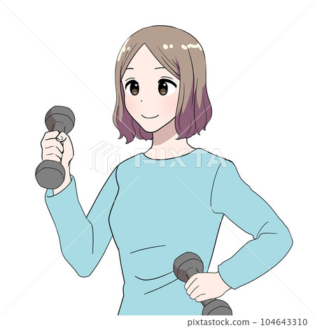 A woman with a middle-parted bob training with dumbbells A woman with a middle-parted bob training with dumbbells 104643310
