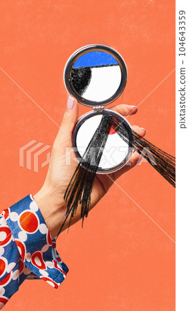 Female hand holding small mirror with drawn parts of male face over coral background. Doodles, sketches, cartoon drawing style 104643359