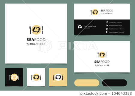 Seafood logo design with editable slogan. Branding book and business card template. 104643388