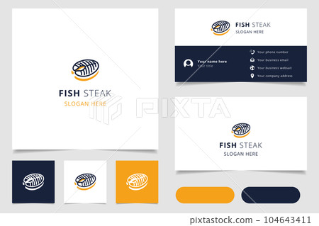 Fish steak logo design with editable slogan. Branding book and business card template. 104643411