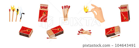 Matchbox and Match as Small Wooden Stick for Starting Fire Vector Set 104643491