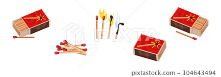 Matchbox and Match as Small Wooden Stick for Starting Fire Vector Set 104643494