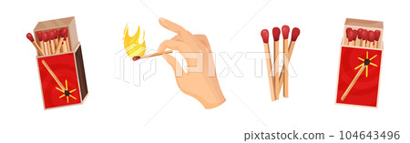 Matchbox and Match as Small Wooden Stick for Starting Fire Vector Set 104643496