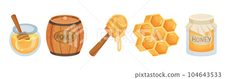 Glass Jar with Honey, Barrel and Honeycomb with Fragrant Sticky Nectar Vector Set 104643533