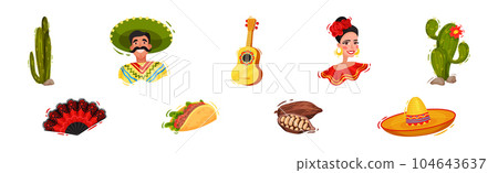 Mexican Symbols and Attribute with Cactus, Man and Woman, Tortilla and Guitar Vector Set Mexican Symbols and Attribute with Cactus, Man and Woman, Tortilla and Guitar Vector Set 104643637