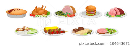 Different Food and Tasty Dish Served on Plate Vector Set Different Food and Tasty Dish Served on Plate Vector Set 104643671