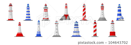 Lighthouse Tower Serving as Navigational Aid on Sea Vector Set 104643702