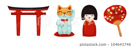 Japan Travel Symbols with Torii Gate, Beckoning Cat, Fan and Doll Figurine Vector Set 104643746
