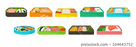 Japanese Bento Colorful Food Box as Ready Meal Vector Set 104643752