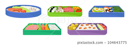 Japanese Bento Colorful Food Box as Ready Meal Vector Set 104643775