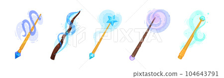 Magic Wands with Fairy Dust and Glow Swirling Around Vector Set 104643791