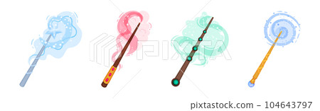 Magic Wands with Fairy Dust and Glow Swirling Around Vector Set 104643797