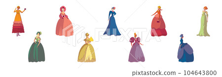 Madam Woman in Standing Pose Wearing Old-fashioned Dress or Ball Gown Vector Set 104643800