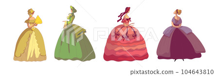 Madam Woman in Standing Pose Wearing Old-fashioned Dress or Ball Gown Vector Set 104643810