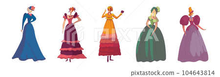 Madam Woman in Standing Pose Wearing Old-fashioned Dress or Ball Gown Vector Set 104643814