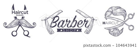 Barber shop shaves and haircuts for men logotype Barber shop shaves and haircuts for men logotype 104643941