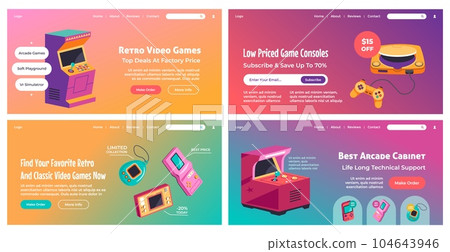 Landing page set design with retro video games Landing page set design with retro video games 104643946