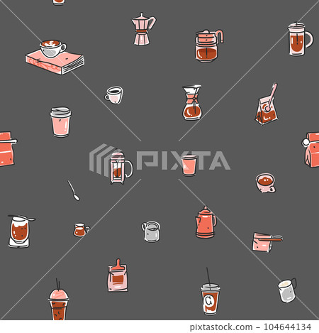 Coffee brewing methods. Seamless pattern with doodle coffee stuff.  Hand-drawn background. Vector illustration. Stock Vector by ©runLenarun  82993418