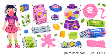 Bubble Gum and Sweet Chewing Gum Vector Set 104644451