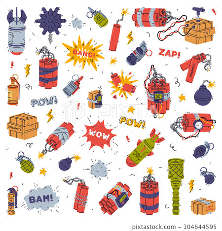 Bomb, Dynamite and Explosives as Reactive Substance for Explosion Vector Set Bomb, Dynamite and Explosives as Reactive Substance for Explosion Vector Set 104644595