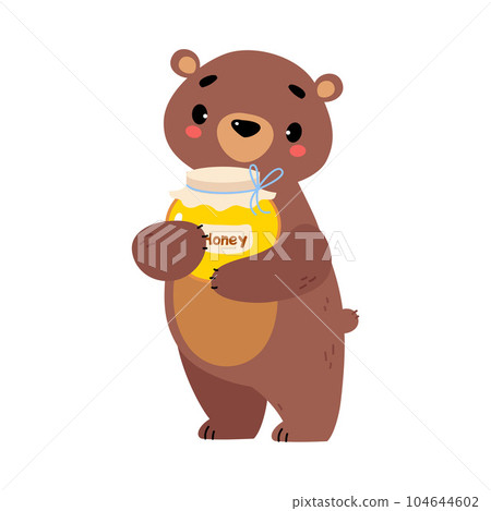 Cute Bear Character with Rounded Ears Holding Honey Jar Vector Illustration Cute Bear Character with Rounded Ears Holding Honey Jar Vector Illustration 104644602