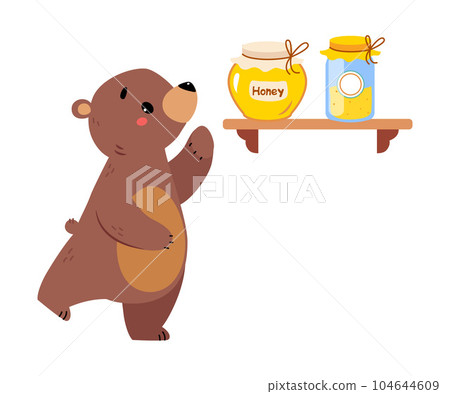 Cute Bear Character with Rounded Ears and Shelf with Honey Jars Vector Illustration 104644609