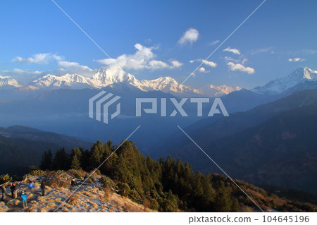 Nepal in South Asia View of the Dhaulagiri Mountains at dawn from Poon Hill Observation Deck, a famous spot for viewing the Himalayas Nepal in South Asia View of the Dhaulagiri Mountains at dawn from Poon Hill Observation Deck, a famous spot for viewing the Himalayas 104645196