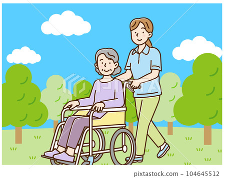 Young female caregiver walking pushing a car with a senior woman outdoors Young female caregiver walking pushing a car with a senior woman outdoors 104645512