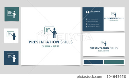 Presentation skills logo design with editable slogan. Branding book and business card template. 104645658