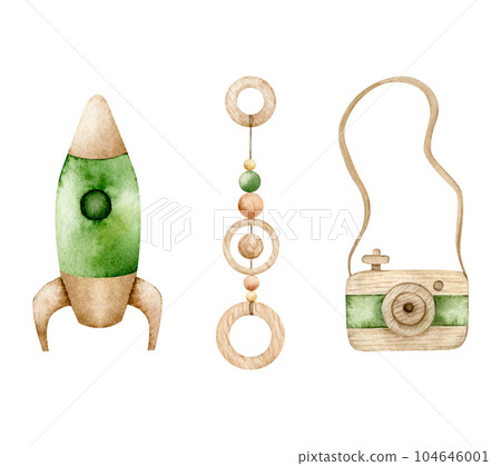 Watercolor set of baby toys. Wooden rocket, camera and teething toys in Scandinavian style. Hand drawn children illustration in green, beige colors for cards, baby shower and poster, sticker 104646001