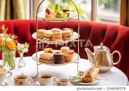 Afternoon tea, English tradition and restaurant service, tea cups, cakes, scones, sanwiches and desserts, holiday table decor and afternoon tea stand with pink flowers, generative ai Afternoon tea, English tradition and restaurant service, tea cups, cakes, scones, sanwiches and desserts, holiday table decor and afternoon tea stand with pink flowers, generative ai 104646576