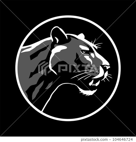 Black panther head, logo emblem on a dark background. Vector illustration. Black panther head, logo emblem on a dark background. Vector illustration. 104646724