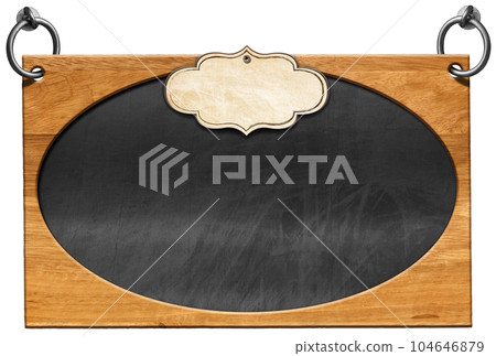 Empty Blackboard with Wooden Frame and Blank Label Isolated on White 104646879