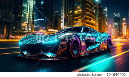 Epic Cyberpumk Sports Car Neon Retro Wave Style 104646902
