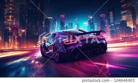 Epic Cyberpumk Sports Car Neon Retro Wave Style Epic Cyberpumk Sports Car Neon Retro Wave Style 104646903