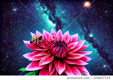 a bee sitting on a dahlia flower in the galaxy, detail style, a bee sitting on a dahlia flower in the galaxy, detail style, 104647334