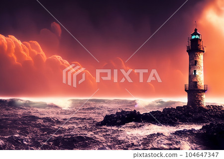 isolated iron lighthouse shining out to sea at night 104647347