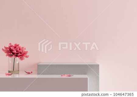 3d presentation stone pedestal with flower in vase and pink tabletop background 104647365