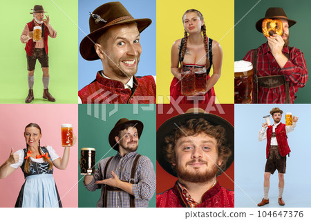 Collage made of different young people in traditional bavarian clothes standing with beer over multicolor background 104647376