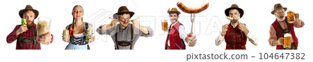 Collage made of young people in traditional bavarian costumea standing with beer mugs and snacks isolated over white background 104647382