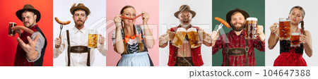 Collage made of emotional young men and women in traditional bavarian costumes standing with beer mugs and sausage over multicolored background Collage made of emotional young men and women in traditional bavarian costumes standing with beer mugs and sausage over multicolored background 104647388