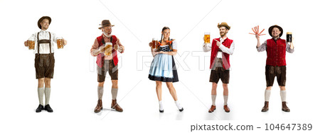 Collage made of young cheerful people in traditional bavarian costume standing with beer mugs isolated over white background 104647389