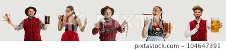 Collage made of young cheerful people in traditional german, bavarian clothes drinking beer and eating grilled sausage 104647391