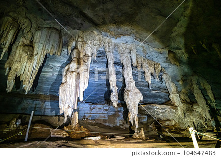 Limestone cave of stalactite and stalagmite formations, Gruta da Lapa Doce Cave, Chapada Diamantina in Bahia, Brazil. Limestone cave of stalactite and stalagmite formations, Gruta da Lapa Doce Cave, Chapada Diamantina in Bahia, Brazil. 104647483