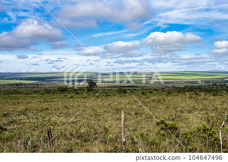 Round agricultural fields between Ibicoara and Mucuge in the Chapada Diamantina National Park, Bahia, Brazil 104647496