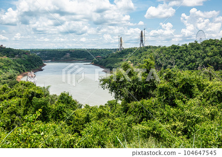 Landmark of the three borders, hito tres fronteras, Paraguay, Brazil and Argentina at Puerto Iguazu, Argentina 104647545