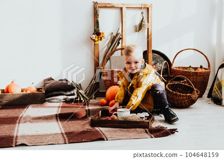 Cool trendy hipster boy 2 years old wears yellow jacket posing at the decorated photozone of autumn decor with beautiful bright autumn leaves. Cool trendy hipster boy 2 years old wears yellow jacket posing at the decorated photozone of autumn decor with beautiful bright autumn leaves. 104648159