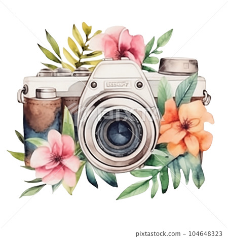 camera, photo, vintage, watercolor, illustration, design, lens, elegant, floral, Generative AI 104648323